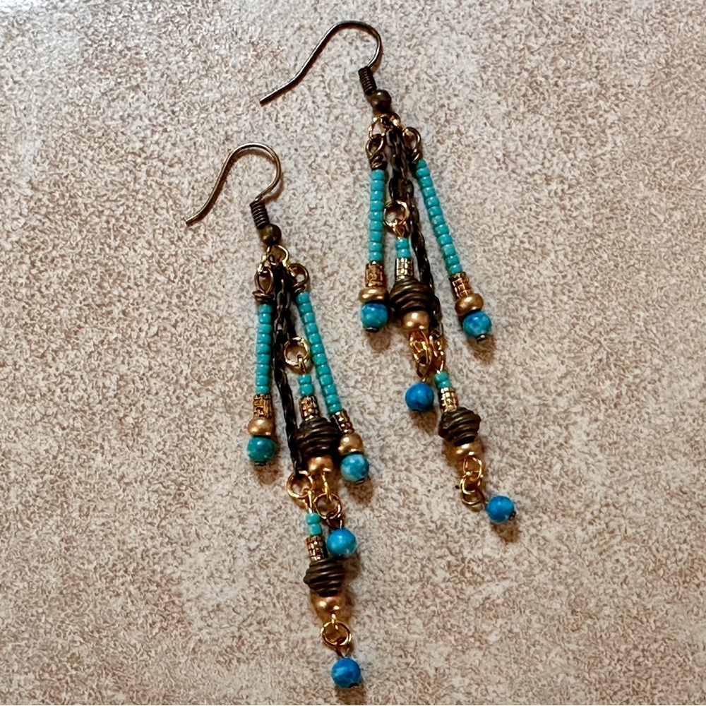 NEW HANDMADE - Turquoise and Gold Beaded Dangle Earrings